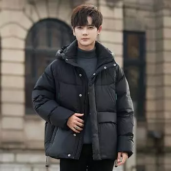 Куртка-пуховик с капюшоном, мужская куртка, новая зимняя теплая куртка из утиного пуха, трендовая мужская куртка высокого класса M чёрный