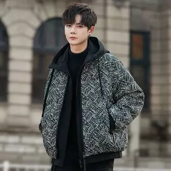 Куртка-пуховик с капюшоном, мужская зимняя, короткая, белая, пуховая, молодежная, модная, индивидуальная, цветочная, теплая S