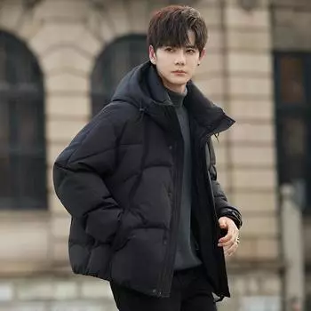 Куртка-пуховик с капюшоном, мужская зимняя, утепленная, новая, высококачественная, короткая куртка для молодых мальчиков S чёрный