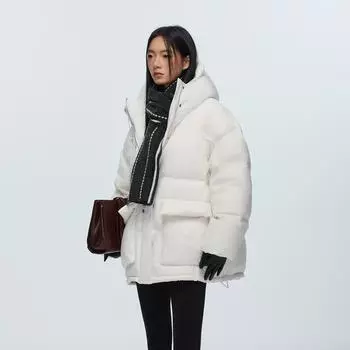 Куртка-пуховик с капюшоном женская свободная утолщенная теплая 90% белая утиная пуховая простая модная повседневная куртка 2024 новая Average size 90-72.5 kg слоновая кость