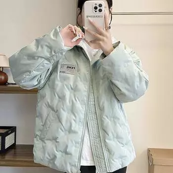Куртка-пуховик с ромбом женская короткая 2024 года, новая корейская версия, воротник-стойка, утолщенный белый утиный пух, пара зимних пальто бренда Guochao S 80-60 kg мятный зеленый