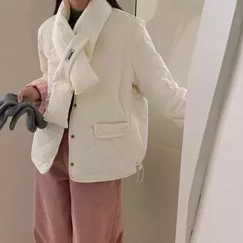 Куртка-пуховик с шарфом женская 2024 зимняя короткая модная дизайнерская клетчатая сшитая рукавами теплая маленькая куртка S розовый