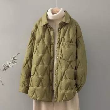 Куртка-пуховик с воротником-рубашкой корейской версии из прессованного клеевого белого утиного пуха со свободными лацканами и ромбами средней и длинной длины, легкое осенне-зимнее пальто для женщин M белый