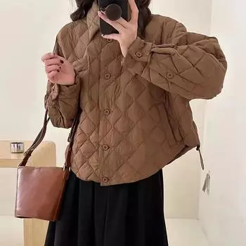 Куртка-пуховик с воротником-рубашкой женская короткая 2024 зимняя легкая роскошная модная теплая тонкая белая куртка-ромб из утиного пуха прилив S слоновая кость