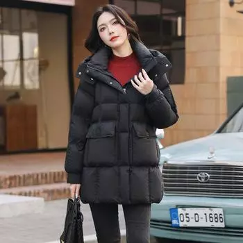 Куртка-пуховик с воротником-стойкой и капюшоном средней и длинной длины женская зимняя новая универсальная европейская станция теплая и модная S [Recommended 80--60kg] бежевый