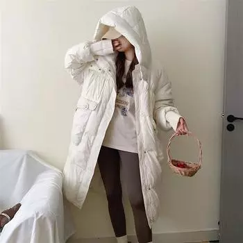 Куртка-пуховик средней и длинной длины выше колена с капюшоном, женская корейская версия, свободная теплая утолщенная куртка S