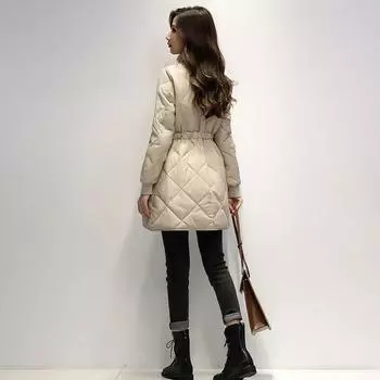 Куртка-пуховик женская легкая сетка с ромбами и воротником-стойкой, средняя и длинная, повседневная куртка M чёрный