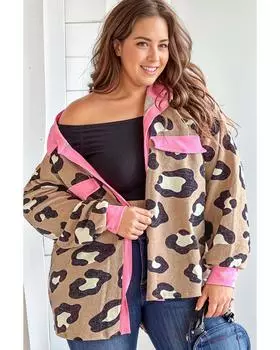 Куртка размера плюс с контрастной отделкой Leopard и карманом-ложным клапаном Azura Exchange 2X леопардовый