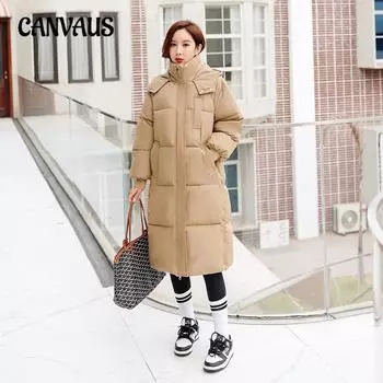 Куртка размера плюс женская длинная зимняя с капюшоном свободная утолщенная теплая хлопковая куртка Tide M слоновая кость