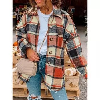 Куртка-рубашка с заниженными плечами в клетку, свободная повседневная куртка в клетку с длинным рукавом для весны и осени, женская одежда S чёрный