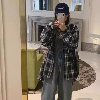 Куртка-рубашка в клетку свободного покроя с капюшоном в студенческом стиле средней и длинной длины S синий