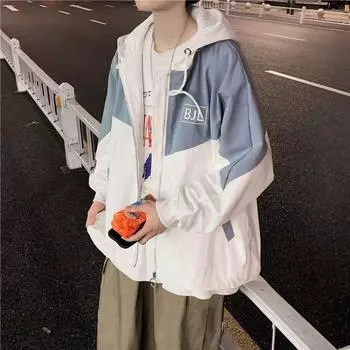 Куртка с цветными блоками, мужская свободная универсальная ветровка с капюшоном, пальто для пар, тонкая короткая повседневная куртка на молнии с длинными рукавами, рабочая одежда S