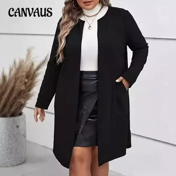 Куртка с длинным рукавом, кардиган средней длины, женская куртка больших размеров, однотонная, повседневная куртка на осень и зиму 0XL чёрный