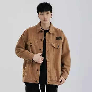 Куртка с длинным рукавом в стиле ретро, модная брендовая американская куртка с принтом в стиле ретро, универсальная свободная повседневная рубашка для мужчин S коричневый