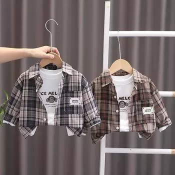 Куртка с длинными рукавами для мальчиков. Удобный клетчатый топ для детей. Весенняя и осенняя одежда для мальчиков. S серый