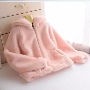 Куртка с длинными рукавами и капюшоном из искусственного меха женская короткая из искусственной норки термопальто из искусственной норки осенне-серый цвет S code серый