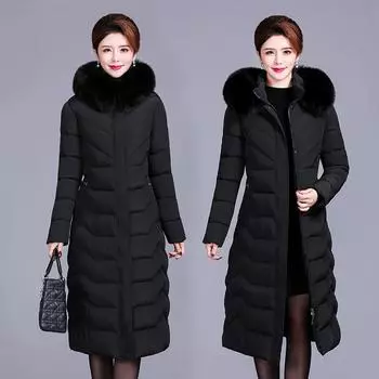 Куртка с хлопковой подкладкой для людей среднего и пожилого возраста плюс удобрения больших размеров Женская зимняя длинная куртка выше колена Толстое пальто XL вино красного