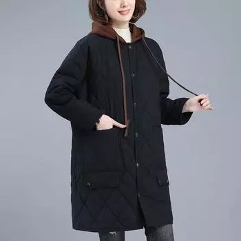 Куртка с хлопковой подкладкой для женщин зимой, свободная, большого размера, повседневная, средней длины, с капюшоном, стеганая, теплая куртка с хлопковой подкладкой L чёрный