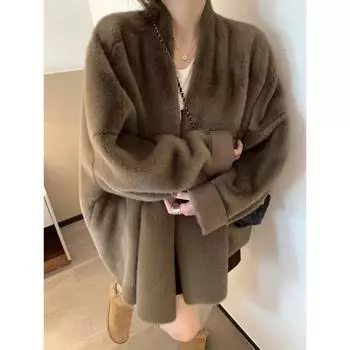 Куртка с интегрированным мехом женская 2024 года из экологически чистой кожи норки, новая текстура, абсолютно красивая, корейская шуба Майяра One size (80-80 kg)