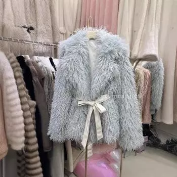 Куртка с интегрированным мехом женская легкая, осенне-зимняя, новинка в иностранном стиле, с лацканами, имитация овечьего меха, пляжная шуба average size (80-145) белый