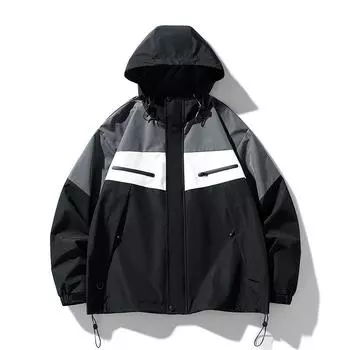 Куртка с капюшоном для ранней весны и осени, водонепроницаемая, ветрозащитная, спортивная и повседневная рабочая одежда с цветными блоками XXXXL чёрный