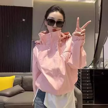 Куртка с капюшоном для женщин, свободная и тонкая на весну и осень, небольшой повседневный тренчкот, короткий зажим M(80-110) розовый