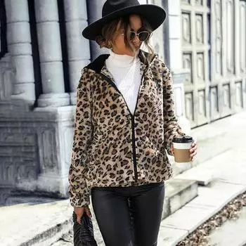 Куртка с капюшоном и длинными рукавами с леопардовым принтом, двухстороннее бархатное свободное повседневное пальто, женские куртки средней длины на молнии, теплые, удобные, осень-зима S