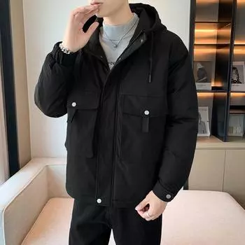 Куртка с капюшоном и хлопковой подкладкой, мужская зимняя куртка с хлопковой подкладкой, короткая свободная повседневная куртка с множеством карманов, куртка 5XL чёрный