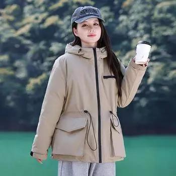 Куртка с капюшоном и хлопковой подкладкой женская осенне-зимняя новая маленькая свободная повседневная тренчкот короткая куртка M чёрный