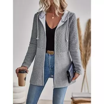 Куртка с капюшоном и текстурированной застежкой-молнией, повседневная однотонная куртка с длинным рукавом для весны и осени, женская одежда S светло-серый