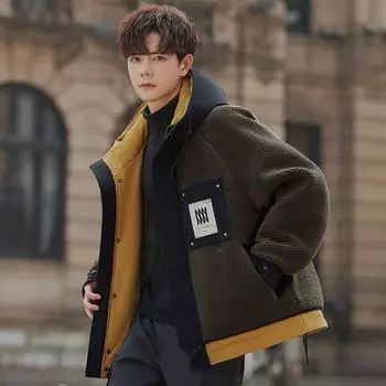 Куртка с капюшоном мужская осенне-зимняя, модная, брендовая, утепленная, для мальчиков и подростков, полупальто из искусственной овечьей шерсти M темно-зеленого