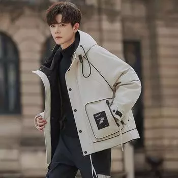 Куртка с капюшоном, мужская зимняя утолщенная подростковая короткая куртка, куртка для мальчиков, инструменты M чёрный