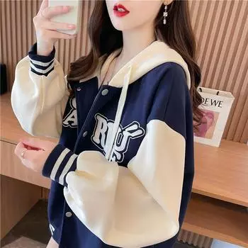 Куртка с капюшоном в студенческом стиле для женщин, весна-осень, новый корейский стиль, свободный дизайн, тонкий кардиган с цветными блоками, бейсбольная форма M