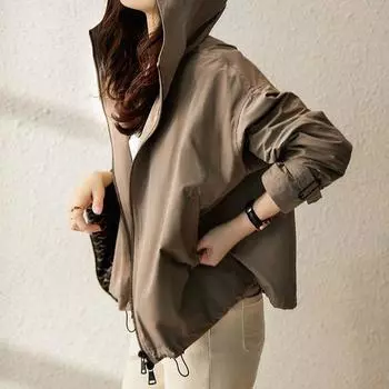 Куртка с капюшоном, женская весенняя новая универсальная однотонная короткая тренчкотка на молнии M