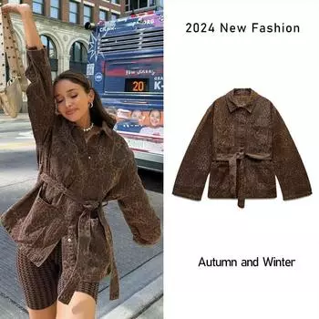 Куртка с леопардовым принтом для женщин, с лацканами на шнуровке, с принтом осеннего кофе, женские рубашки с карманами, свободная повседневная верхняя одежда для женщин, хипстерская одежда для хай-стрит S коричневый