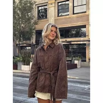 Куртка с леопардовым принтом для женщин со шнуровкой на лацканах, осенний кофейный принт, женские рубашки с карманами, свободная повседневная верхняя одежда для женщин, хипстерская одежда для хай-стрит S коричневый