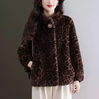 Куртка с леопардовым принтом женская 2024 новая осень и зима утолщенный воротник-стойка топ большой размер fat mm имитация норки бархатный кардиган XL