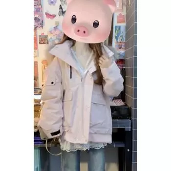 Куртка с меховым воротником и капюшоном, утепленная, на хлопковой подкладке, утолщенная, маленькая, на хлопковой подкладке, женская, осень и зима 2024 г. S розовый