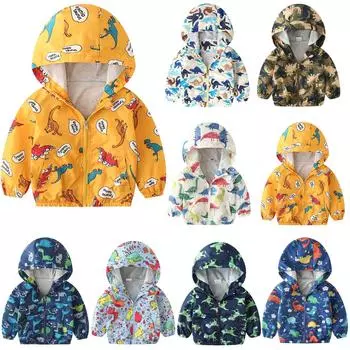 Куртка с принтом динозавра для маленьких девочек и мальчиков, ветрозащитное пальто с капюшоном на молнии