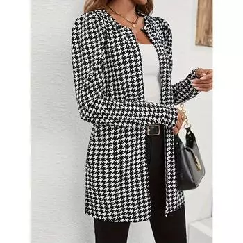 Куртка с принтом «гусиная лапка» с открытым передом, повседневная верхняя одежда с круглым вырезом и длинными рукавами, женская одежда S