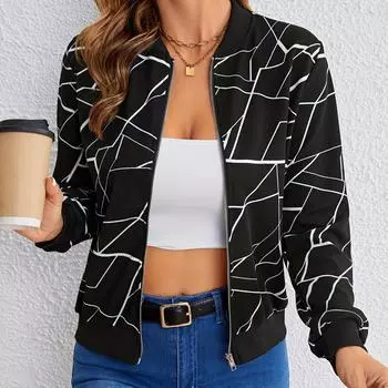 Куртка с принтом и застежкой-молнией спереди, повседневная куртка с длинным рукавом на весну и осень, женская одежда S чёрный
