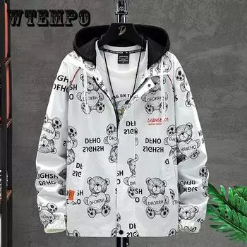 Куртка с принтом в виде сердца и медведя, весенняя ветровка с капюшоном, мужская повседневная свободная куртка, мягкий удобный топ, стандартный размер XXXXXL белый