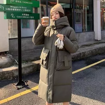 Куртка с пуховой подкладкой из хлопка, женское зимнее длинное выше колена, теплое пальто с хлопковой подкладкой L коричневый