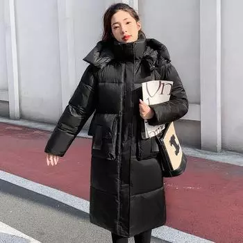 Куртка с пуховой подкладкой из хлопка, женское зимнее длинное выше колена, теплое пальто с хлопковой подкладкой M зелёный