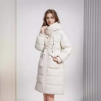 Куртка с угловой пряжкой, женская, средней и длинной длины, с новой талией, с капюшоном, свободная, до колена L чёрный