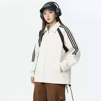Куртка с воротником-стойкой в американском школьном стиле, мужская, весенне-осенняя, подростковая, спортивная, повседневная, в полоску по бокам S белый