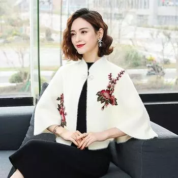 Куртка-шаль с накидкой, женская короткая вышитая маленькая кофточка, шаль, куртка, универсальная накидка, вязаный свитер one size красный