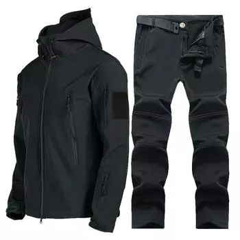 Куртка Shark Skin Soft Shell, мужской зимний костюм для альпинизма, теплый бархатный костюм, водонепроницаемый и ветрозащитный, для катания на лыжах и велосипеде XXXL чёрный