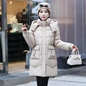 Куртка со съемной кепкой, женская утолщенная теплая хлопковая куртка средней длины, зима 2023, новая модная хлопковая куртка L чёрный