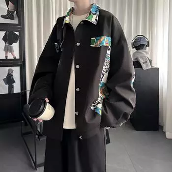 Куртка Splicing Design, мужская, весна-осень, свободная куртка большого размера, высококачественная корейская версия трендовой одежды Ruffian с хлопковой подкладкой M чёрный